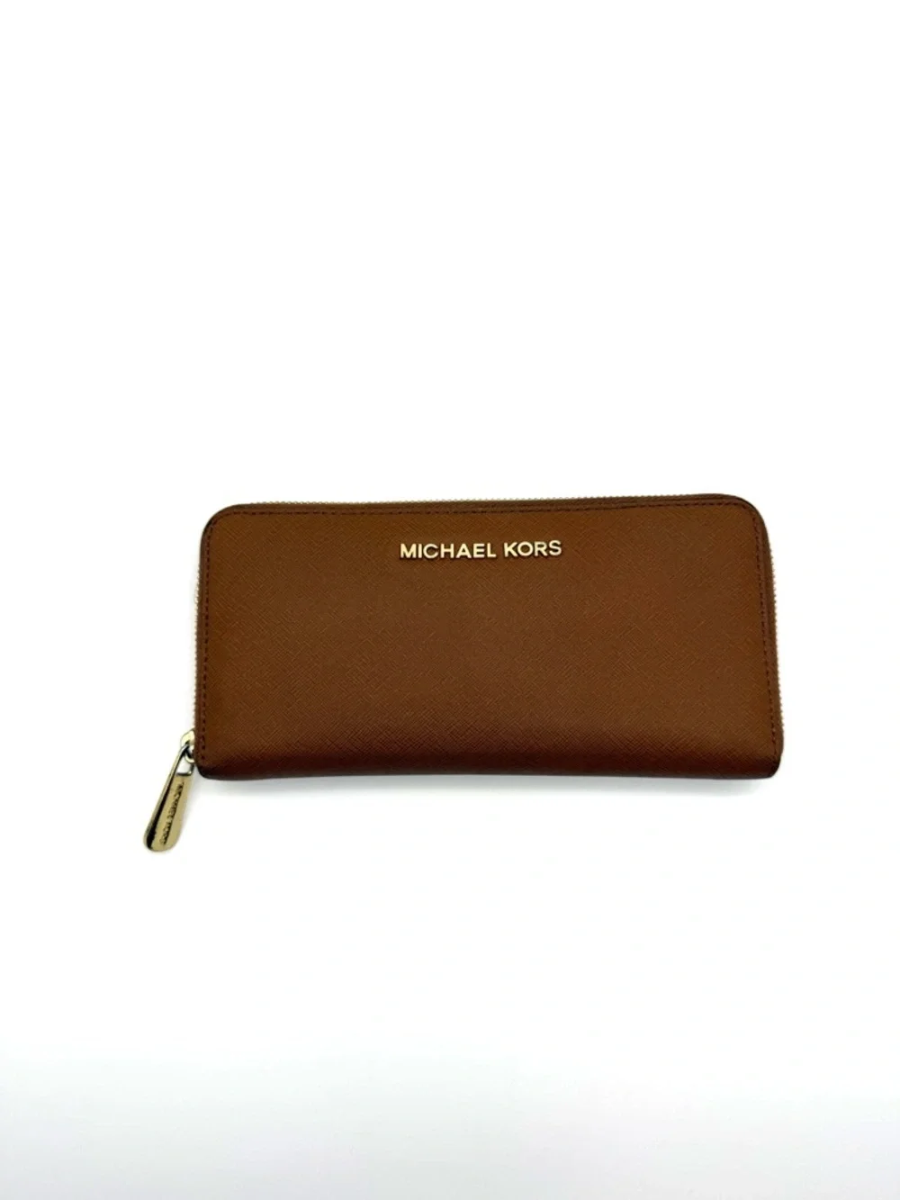 Michael Kors Jet Set Saffiano Zip Around Wallet Brown and Gold